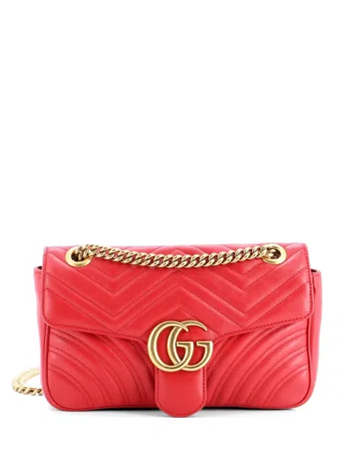 Pre-owned Gucci Gg Marmont Flap Bag Matelasse Leather Medium Shoulder Bag In Red