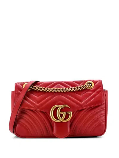 Pre-owned Gucci Gg Marmont Flap Bag Matelasse Leather Medium Shoulder Bag In Red