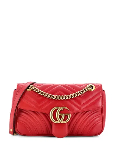 Pre-owned Gucci Gg Marmont Flap Bag Matelasse Leather Medium Shoulder Bag In Red