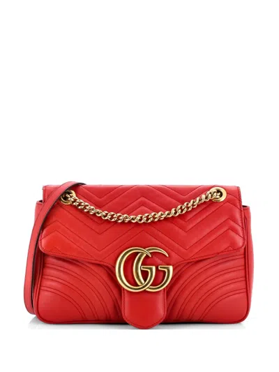 Pre-owned Gucci Gg Marmont Flap Bag Matelasse Leather Medium Shoulder Bag In Red