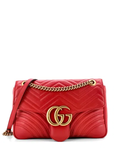 Pre-owned Gucci Gg Marmont Flap Bag Matelasse Leather Medium Shoulder Bag In Red