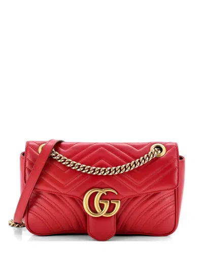 Pre-owned Gucci Gg Marmont Flap Bag Matelasse Leather Medium Shoulder Bag In Red