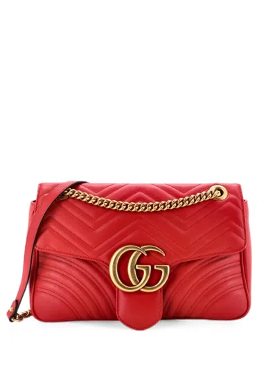 Pre-owned Gucci Gg Marmont Flap Bag Matelasse Leather Medium Shoulder Bag In Red