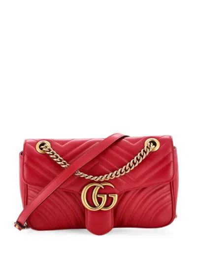 Pre-owned Gucci Gg Marmont Flap Bag Matelasse Leather Medium Shoulder Bag In Red