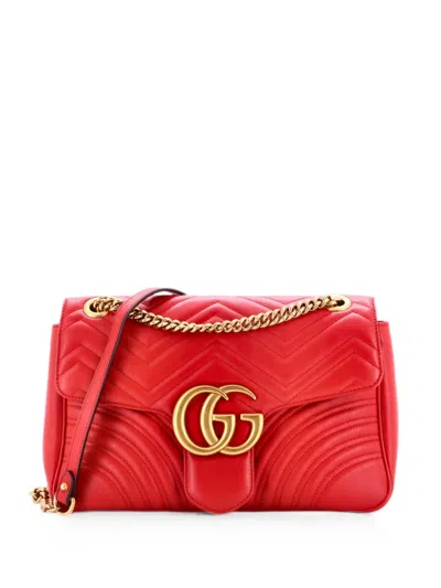 Pre-owned Gucci Gg Marmont Flap Bag Matelasse Leather Medium Shoulder Bag In Red