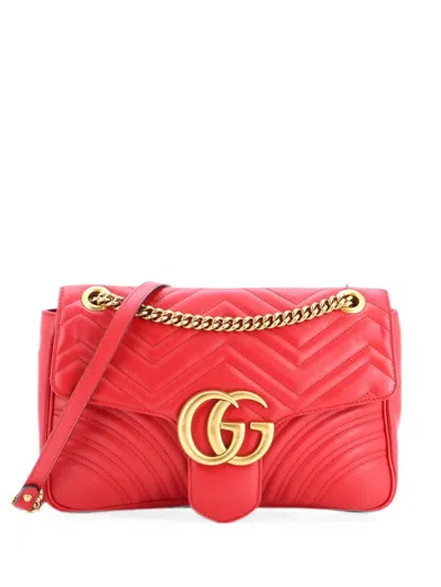Pre-owned Gucci Gg Marmont Flap Bag Matelasse Leather Medium Shoulder Bag In Red
