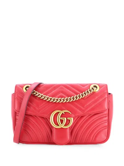 Pre-owned Gucci Gg Marmont Flap Bag Matelasse Leather Medium Shoulder Bag In Red