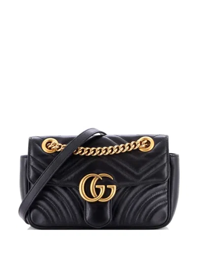 Pre-owned Gucci Gg Marmont Flap Bag Matelasse Leather Mini Crossbody Bag In Black