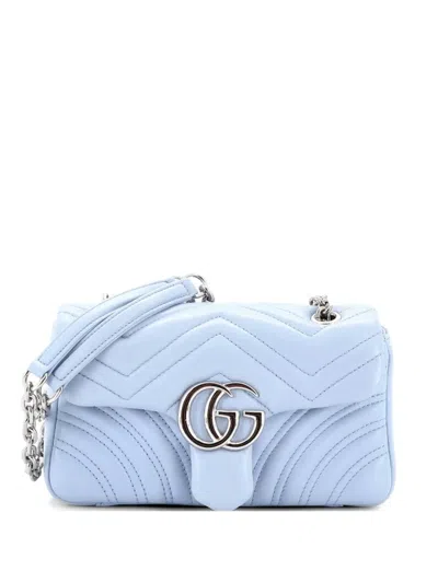 Pre-owned Gucci Gg Marmont Flap Bag Matelasse Leather Mini Crossbody Bag In Blue