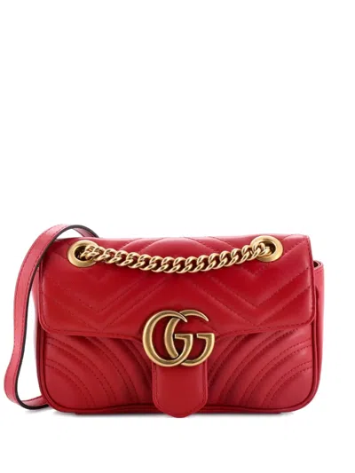Pre-owned Gucci Gg Marmont Flap Bag Matelasse Leather Mini Crossbody Bag In Red