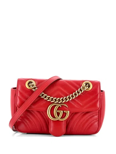 Pre-owned Gucci Gg Marmont Flap Bag Matelasse Leather Mini Crossbody Bag In Red
