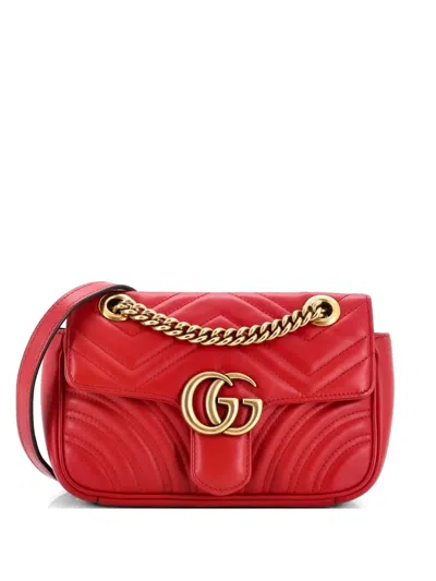 Pre-owned Gucci Gg Marmont Flap Bag Matelasse Leather Mini Crossbody Bag In Red