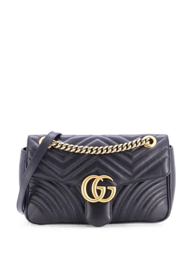 Pre-owned Gucci Gg Marmont Flap Bag Matelasse Leather Small Crossbody Bag In Black
