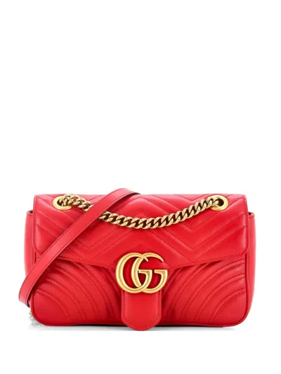 Pre-owned Gucci Gg Marmont Flap Bag Matelasse Leather Small Crossbody Bag In Red