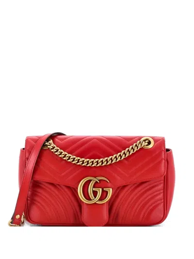 Pre-owned Gucci Gg Marmont Flap Bag Matelasse Leather Small Crossbody Bag In Red