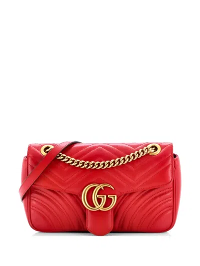 Pre-owned Gucci Gg Marmont Flap Bag Matelasse Leather Small Crossbody Bag In Red