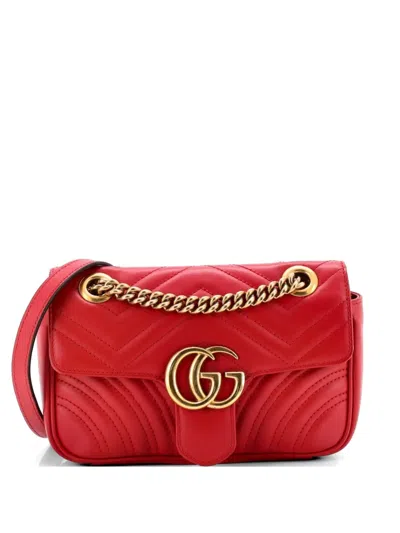 Pre-owned Gucci Gg Marmont Flap Bag Matelasse Leather Small Crossbody Bag In Red