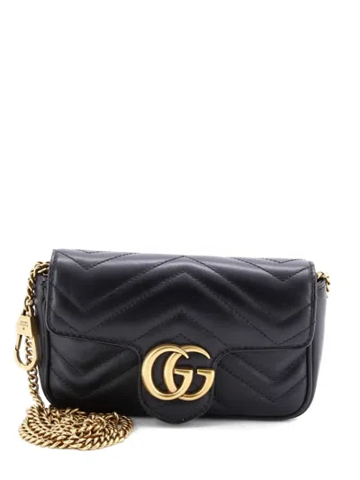 Pre-owned Gucci Gg Marmont Flap Bag Matelasse Leather Super Mini Crossbody Bag In Black