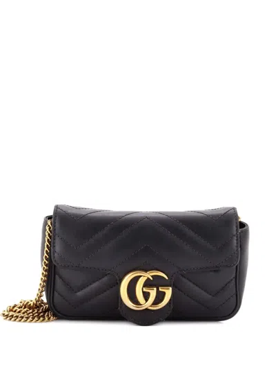 Pre-owned Gucci Gg Marmont Flap Bag Matelasse Leather Super Mini Crossbody Bag In Black