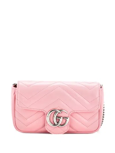 Pre-owned Gucci Gg Marmont Flap Bag Matelasse Leather Super Mini Crossbody Bag In Pink