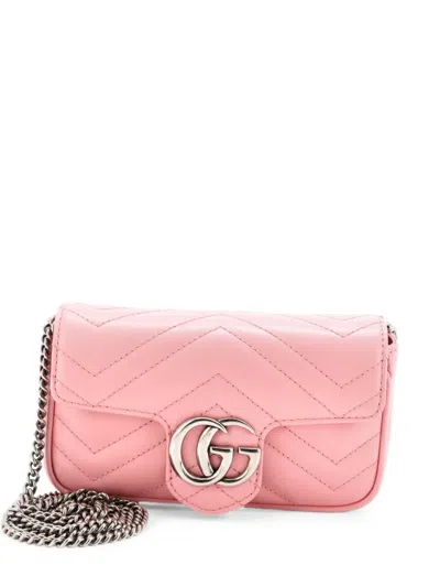 Pre-owned Gucci Gg Marmont Flap Bag Matelasse Leather Super Mini Crossbody Bag In Pink
