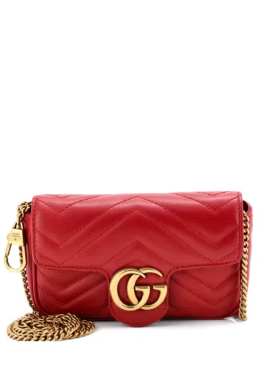 Pre-owned Gucci Gg Marmont Flap Bag Matelasse Leather Super Mini Crossbody Bag In Red