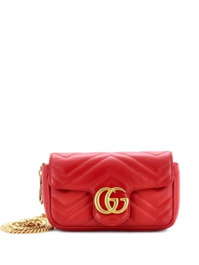 Pre-owned Gucci Gg Marmont Flap Bag Matelasse Leather Super Mini Crossbody Bag In Red