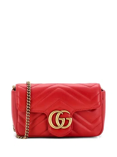Pre-owned Gucci Gg Marmont Flap Bag Matelasse Leather Super Mini Crossbody Bag In Red