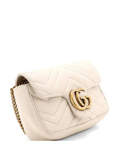 Pre-owned Gucci Gg Marmont Flap Bag Matelasse Leather Super Mini Crossbody Bag In White