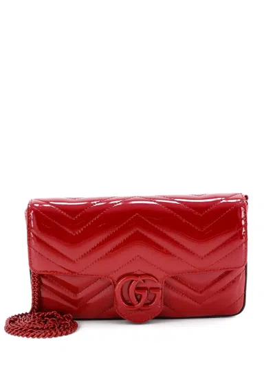 Pre-owned Gucci Gg Marmont Flap Bag Matelasse Patent Mini Crossbody Bag In Red