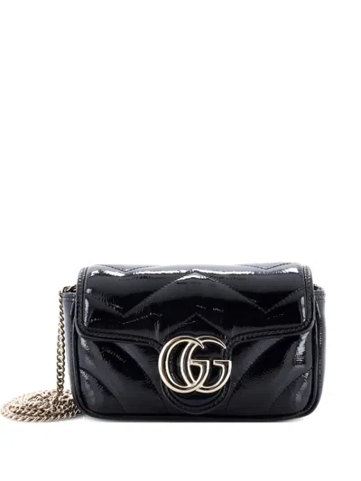 Pre-owned Gucci Gg Marmont Flap Bag Matelasse Patent Super Mini Crossbody Bag In Black