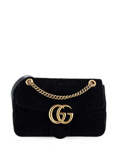 Pre-owned Gucci Gg Marmont Flap Bag Matelasse Velvet Medium Shoulder Bag In Black