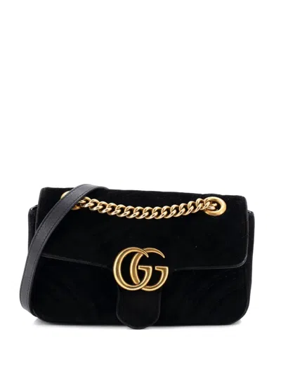 Pre-owned Gucci Gg Marmont Flap Bag Matelasse Velvet Mini Shoulder Bag In Black