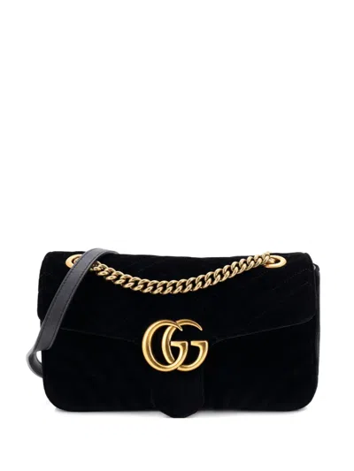 Pre-owned Gucci Gg Marmont Flap Bag Matelasse Velvet Small Shoulder Bag In Black