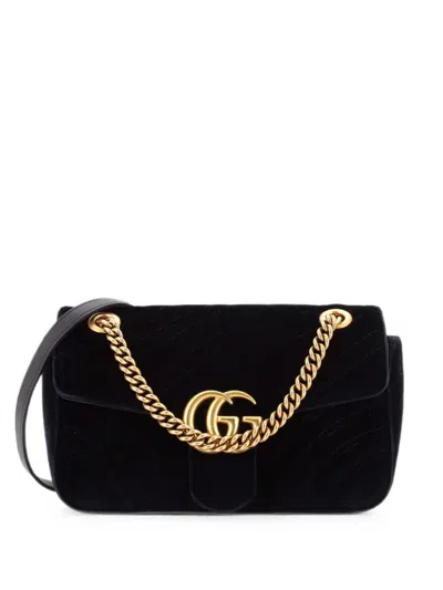 Pre-owned Gucci Gg Marmont Flap Bag Matelasse Velvet Small Shoulder Bag In Black