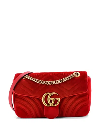 Pre-owned Gucci Gg Marmont Flap Bag Matelasse Velvet Small Shoulder Bag In Red