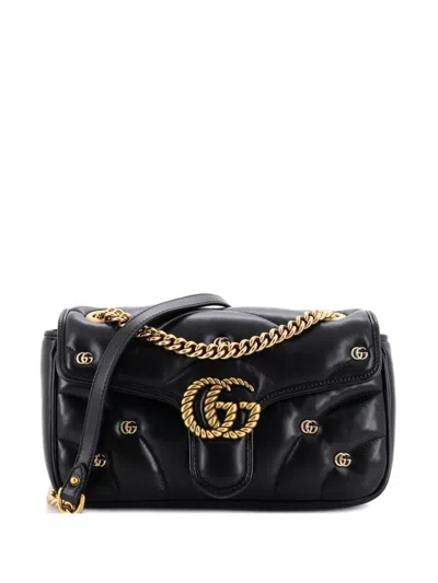 Pre-owned Gucci Gg Marmont Flap Bag Studded Matelasse Leather Small Shoulder Bag In Black
