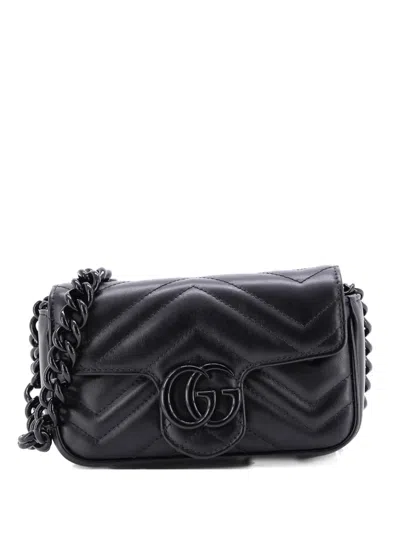 Pre-owned Gucci Gg Marmont Flap Matelasse Leather Belt Bag In Black