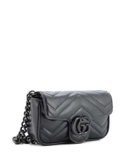 Pre-owned Gucci Gg Marmont Flap Matelasse Leather Belt Bag In Black
