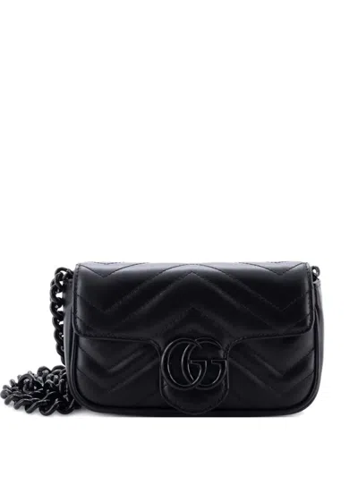 Pre-owned Gucci Gg Marmont Flap Matelasse Leather Belt Bag In Black