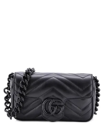 Pre-owned Gucci Gg Marmont Flap Matelasse Leather Belt Bag In Black