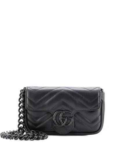 Pre-owned Gucci Gg Marmont Flap Matelasse Leather Belt Bag In Black