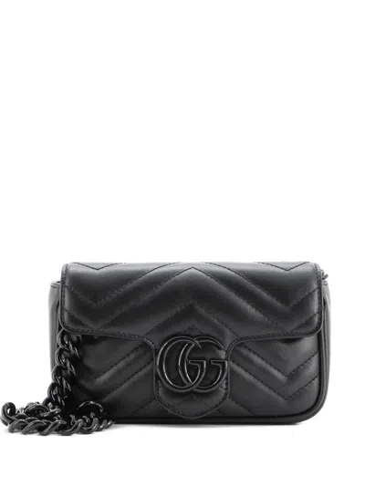 Pre-owned Gucci Gg Marmont Flap Matelasse Leather Belt Bag In Black
