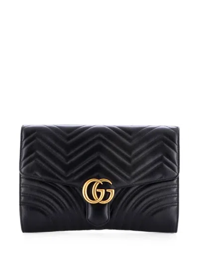 Pre-owned Gucci Gg Marmont Flap Matelasse Leather Clutch Bag In Black