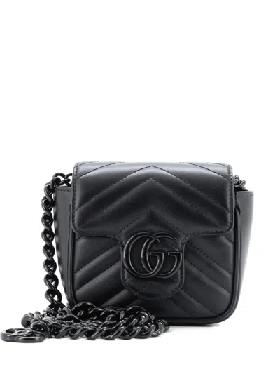 Pre-owned Gucci Gg Marmont Flap Matelasse Leather Mini Belt Bag In Black