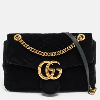 Pre-owned Gucci Gg Marmont Flap Medium Black Matelassé Velvet Shoulder Bag