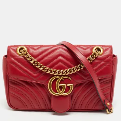 Pre-owned Gucci Gg Marmont Flap Medium Red Matelassé Leather Shoulder Bag