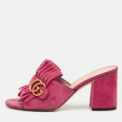 Pre-owned Gucci Gg Marmont Fringe Pink Suede Leather Open Toe Slide Sandals
