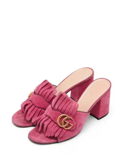 Pre-owned Gucci Gg Marmont Fringe Sandals In Pink