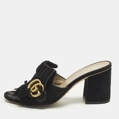 Pre-owned Gucci Gg Marmont Fringe Size 36.5 Black Suede Block Heel Slide Sandals
